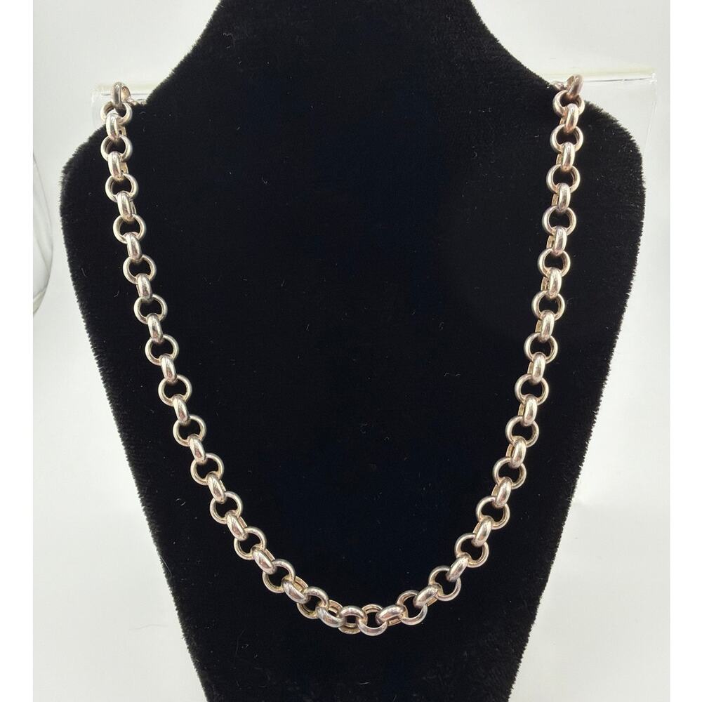 Vintage Round Sterling Silver Link Chain Necklace with Heart Tag Pendant